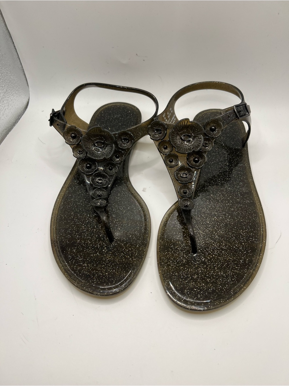 Coach Women's Black Glitter Jelly T-Strap Sandals